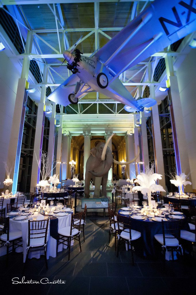 History Museum wedding reception with overhead airplane and giant mastadon