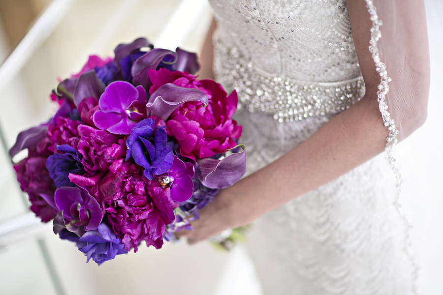 purple pink orchid lily peony colorful bright bouquet wedding bride