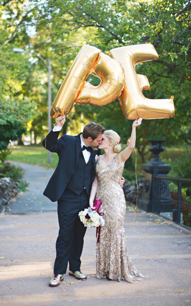 Gold letter balloons bride and groom