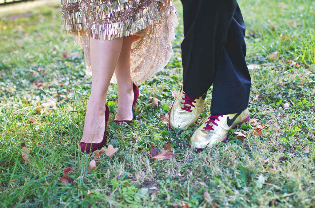 Bride and groom wedding shoes burgundy and gold